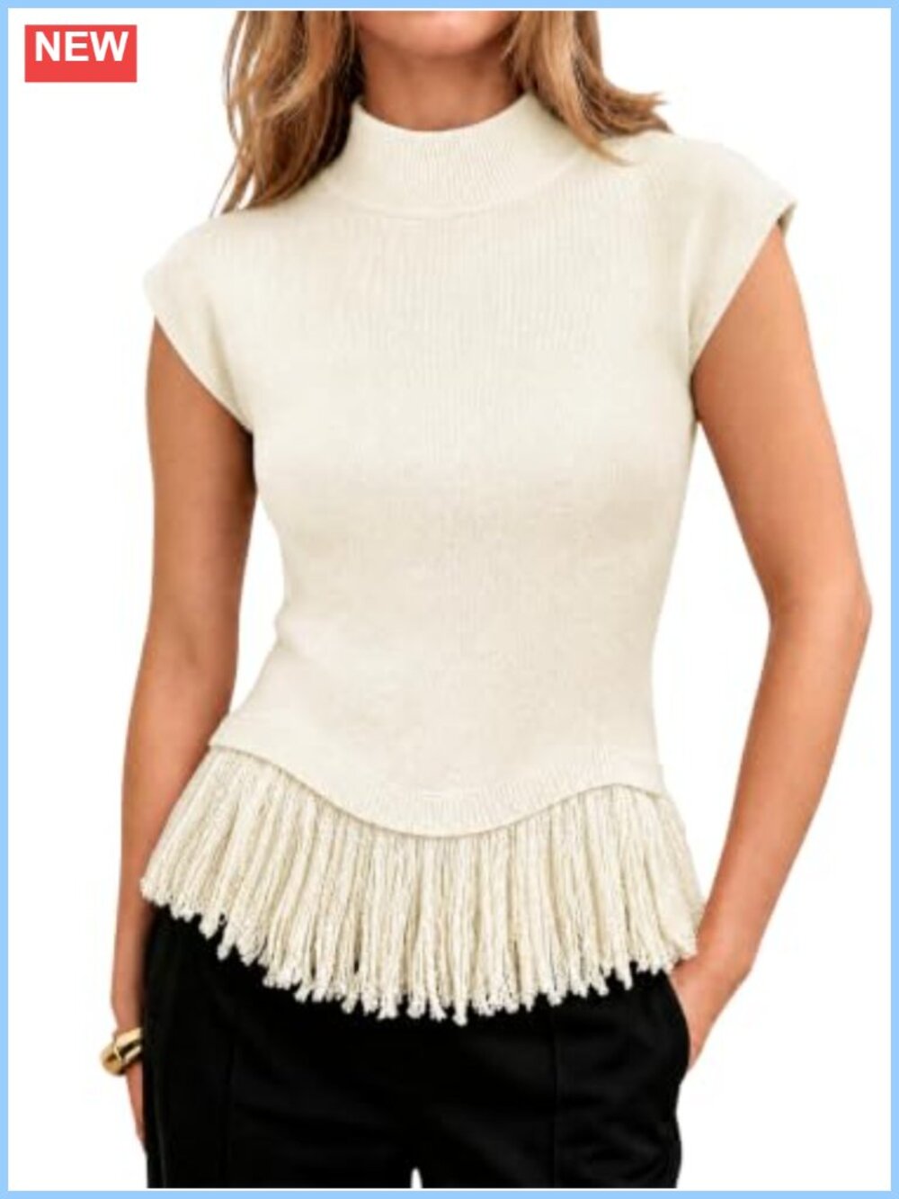 Womens Cap Sleeve Sweater Vest Fringe Mock Neck Cable Knit Tank Top
